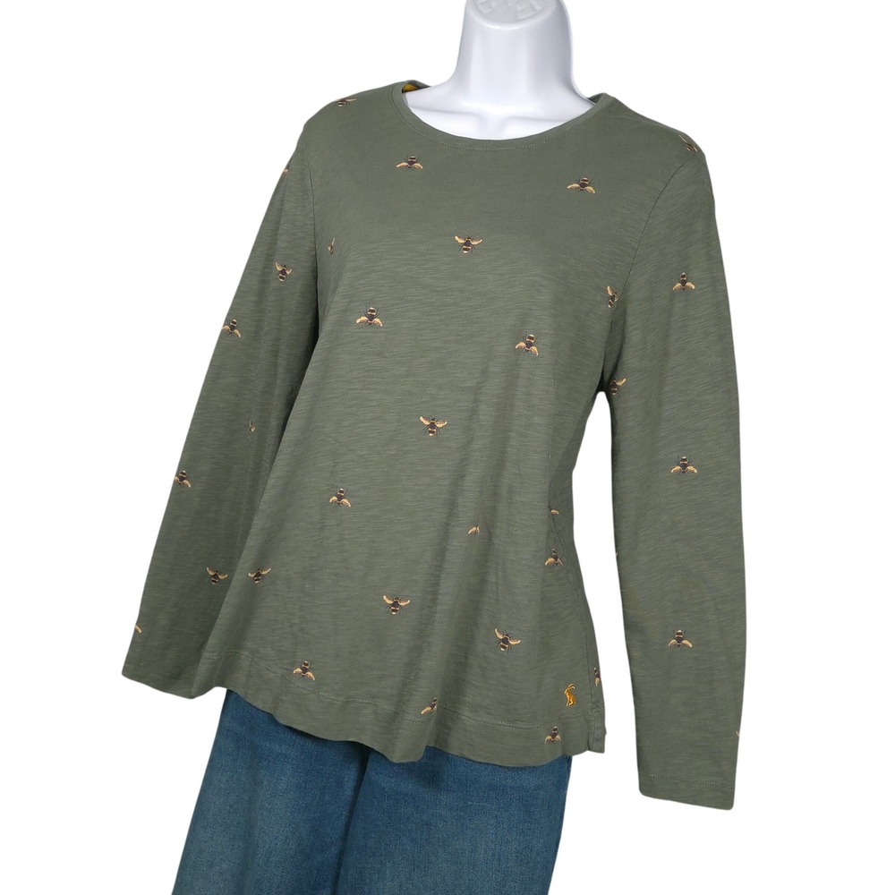 Joules Women 10 Lottie Bumblebee Print Long Sleeve Green Cotton Crewneck Novelty